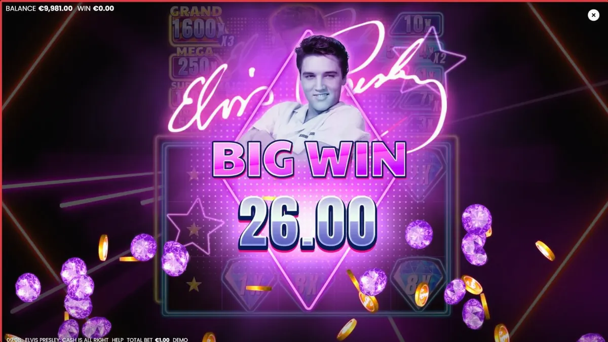 Tampilan layar slot Elvis Presley: Cash is All Right dengan gulungan yang menyala neon dan simbol-simbol ikonik Elvis